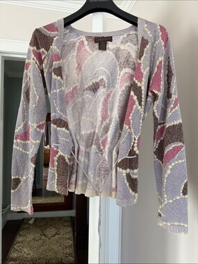 Chadwicks Tie-Front Patterned Cardigan Sweater - purple Gray & Brown size M